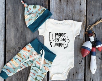 Fishing baby set, Organic baby clothes, baby shower gift, Daddys fishing buddy, coming home outfit, ocean baby, fish baby