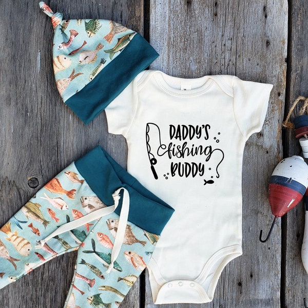 Fishing baby set, Organic baby clothes, baby shower gift, Daddys fishing buddy, coming home outfit, ocean baby, fish baby