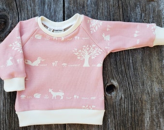 Pink woodland baby sweater, Organic baby clothes, Handmade organic cotton long sleeve baby top, woodland baby girl