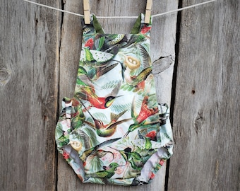 Hummingbird romper, organic baby romper, Summer baby romper, Boho baby girls clothes, baby shower gift, baby bird, vintage baby clothes