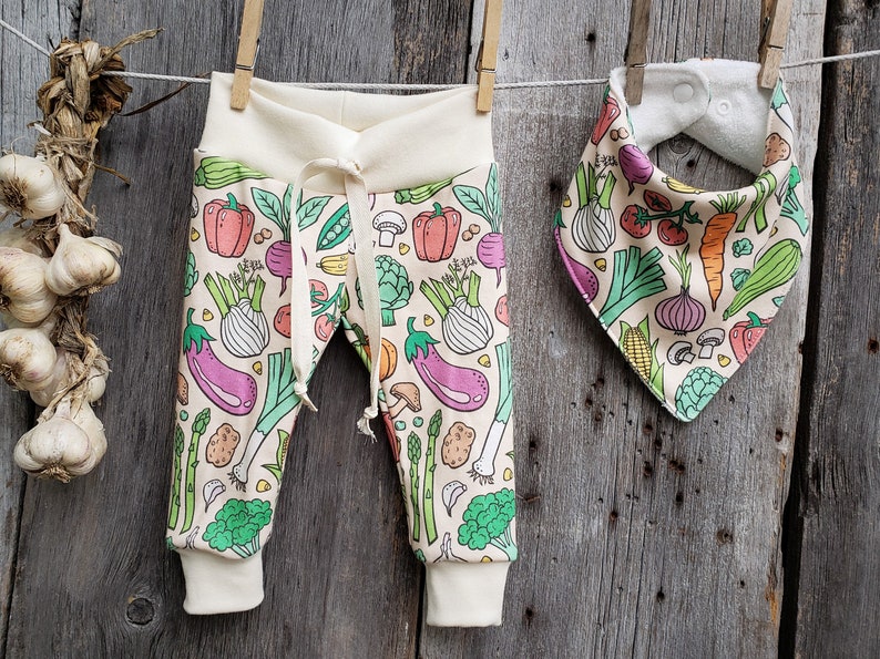 Organic vegetable baby clothes, gardening baby clothes, gender neutral baby, organic baby leggings, farmers market, farmer, baby joggers, image 1