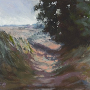 May include: An oil painting of a landscape with a path leading into the distance. The foreground shows green and brown grasses, with a dark tree on the right. The path is lit by sunlight, and the sky is overcast with a cloudy appearance.