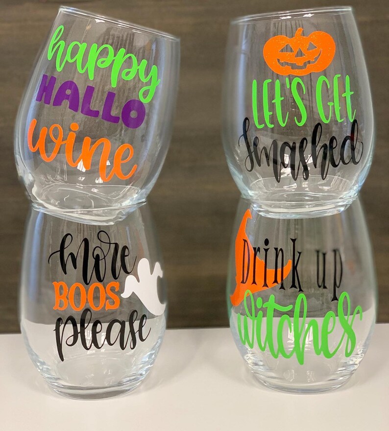 Set of Four Halloween Wine Glasses Halloween Party Drinkware Etsy