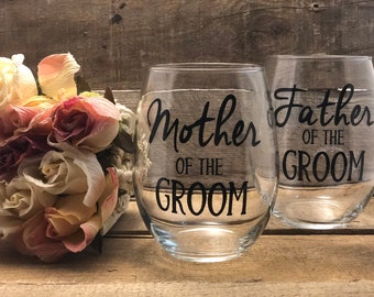 Mother of the Bride Wine glass, Father of the Bride Glass, Mother of the Groom Wine glass, Father of the groom Wine Glass, Parents Wedding