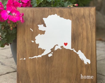 Alaska Home Square Sign/ Alaska Home Decor /Alaska Wooden Sign/ Alaska Gift /Alaska State/ Alaskan Housewarming Gift/ Heart On Town