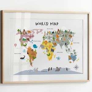 WORLD MAP Print Custom Colours Kids Bedroom Map Safari Decor ...