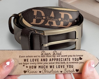 Personalized Fathers Day Leather Belt, Custom Kids Name Handmade Belt For Dad,  Funny Gift for Dad, Grandpa, Gift for Dad
