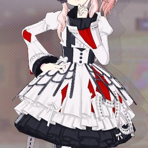 May include: A detailed illustration of a character in a white dress with black and red accents. The dress features a layered skirt and a high collar. The character wears a blindfold, a rose in their hair, and diamond-patterned stockings.