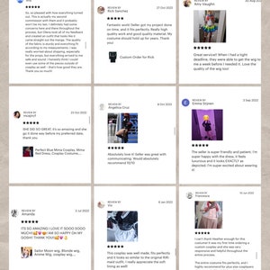 Op de afbeelding: Een collage van klantbeoordelingen op een beige achtergrond. De beoordelingen bevatten tekst en sterrenbeoordelingen, met opmerkingen over cosplay-kostuums, pruiken en aangepaste bestellingen. De beoordelingen vermelden kwaliteit, pasvorm en communicatie.