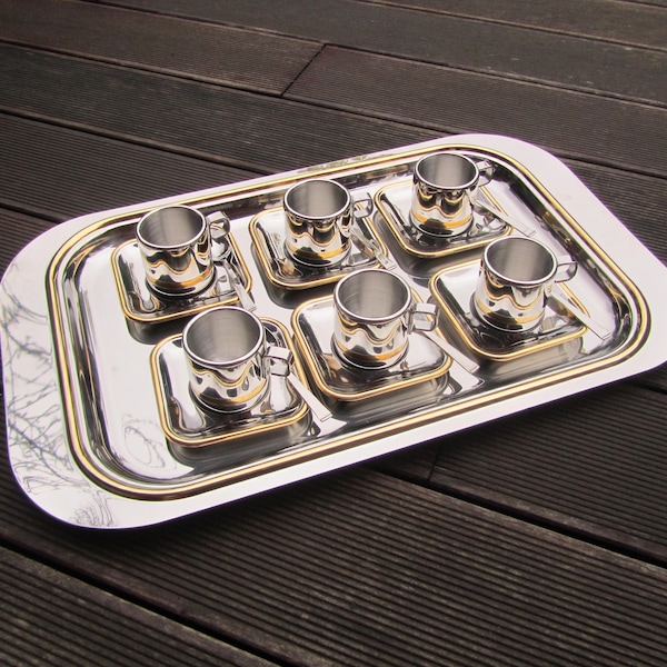 Coffee set consisting of 6 thermal cups with saucers, teaspoons and tray - 18/10 stainless steel and gold - Design Zani - 1980 - Made in Italy
