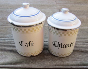 Pair of enamelled metal jars of origin French for coffee and chicory. circa 1930