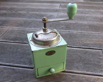 Coffee grinder in teal painted wood - Tre Spade - Made in Italy - About 40s