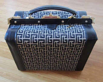 Vintage black leather beauty case. Monogram fabric and brass details - Pierre Balmain - 1960s