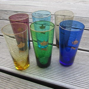 Set of 6 colored glass glasses with gold decoration - 1960s