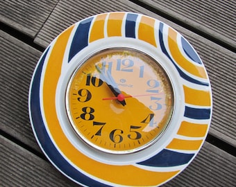 Blue and Yellow Ceramic Wall Clock - Lorenz - 1980s