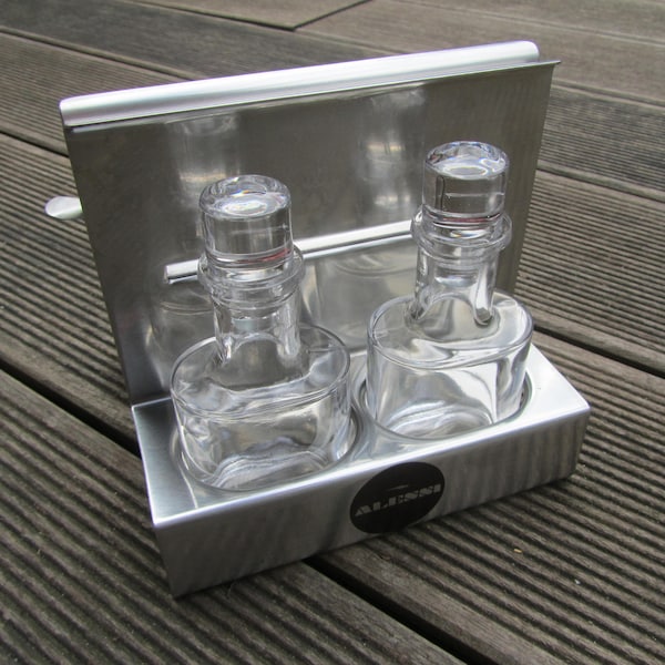 Vintage Alessi condiment holder set - Menage in stainless steel and crystal - Made in Italy - 1970s