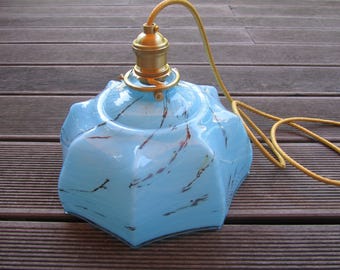 Art Deco Hängelampe aus marmoriertem blauem Glas - 1940er Jahre - Komplett neu verkabelt mit modernen Materialien