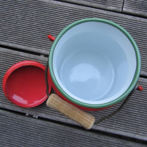 Red enamel container with blue and green flowers from the "Due Leoni" factory - Made in Slovenia - 1990s image 5
