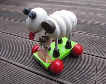 Poupée mouton en bois à roulettes - Vilac - Fabriquée en France - circa 1980