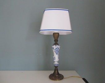 Bronze and Delft Blue Ceramic Table Lamp - Cotton and Silk Lampshade