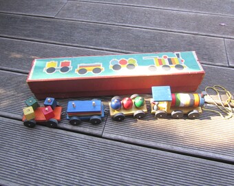 Rare Wooden Train Made in Czechoslovakia 70s - Wooden Pull Along Toy Complete with Original Box