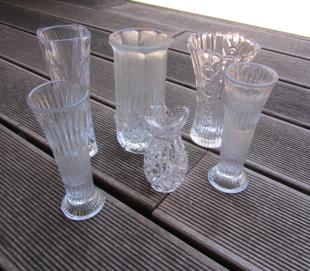 Set of 6 Small Vintage Glass and Crystal Vases of Various Shapes ...