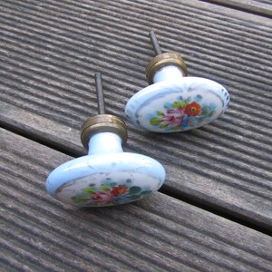 May include: Two vintage porcelain door knobs with floral designs. The knobs are light blue with gold accents and feature painted flowers in shades of pink, red, and blue.