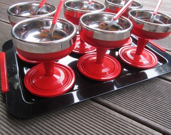 Tray set, 6 ice cream or fruit salad bowls and spoons in 18/10 stainless steel and Abs - 70s MORINOX Space age