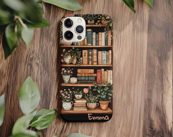 Buchliebhaber Handyhülle, personalisierte Blumen Bücherregal iPhone Hülle, benutzerdefinierter Name Samsung Cover, gemütliche Buchästhetik Hülle, Geschenk für Leser