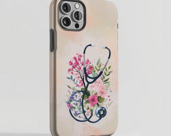 Krankenschwester Stethoskop mit Wildblumen Telefon Hüllen Floral medizinisches Zubehör Tough Cover Geschenk für Krankenschwester Schützende Smartphone-Hülle