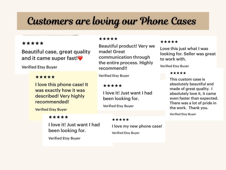 May include: A collage of customer reviews for phone cases. The reviews are all positive and highlight the quality, speed of delivery, and customer service. The reviews are displayed in a white box with a black border.