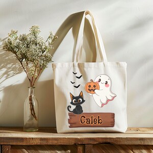 Personalized Trick or Treat Tote Bag Cute Halloween Candy Bag for Kids Ghost Black Cat Pumpkin Kids Trick or Treat Bag Custom Halloween Tote