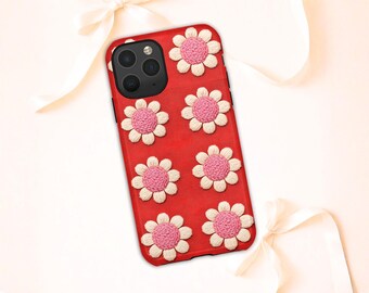 Bestickte Daisy Blume Handyhülle Rot Floral iPhone Hülle Cottagecore Blume Samsung Galaxy Hülle Niedlich Retro Google Pixel Ästhetische Blumen