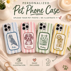 May include: Four personalized phone cases with vertical stripes in light blue, pink, green, and yellow. Each case features a custom illustration of a pet inside a scalloped frame with a name: Kiki, Chloe, Mickey, and Bella. Text reads: PERSONALIZED Pet Phone Case, UPLOAD YOUR PET PHOTO • WE ILLUSTRATE IT, CUSTOM ILLUSTRATION, NAME INCLUDED, ANY PET.