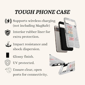 May include: A tough phone case with a newspaper print design. It supports wireless charging, has an interior rubber liner for extra protection, and is impact resistant and shock absorbent. It also has a glossy finish, is UV protected, and has clear, open ports for connectivity.