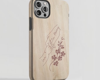 Personalisierte Handyhülle, Muttertagsgeschenk, Blumenmuster, Holzhintergrund, robuste Telefonabdeckung, Schutzhülle, Mutter und Baby