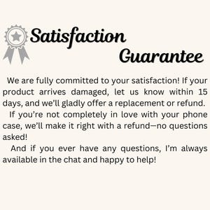 May include: A satisfaction guarantee with a star icon and the text "Satisfaction Guarantee". The text below explains that the seller is committed to customer satisfaction and offers a replacement or refund if the product arrives damaged or if the customer is not satisfied with the product. The text also states that the seller is available to answer any questions in the chat.