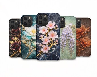 Floral Marmor Handyhülle Luxus Blumen iPhone Hülle Gold Botanische Samsung Galaxy Hülle Elegant Google Pixel Cover Vintage Blumenästhetik