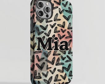 Personalisierte Name Handyhülle Doodle Herzen Pastell Abstrakte Ästhetik iPhone 17 16 15 14 Pro Max Samsung Galaxy Custome Initial Cover