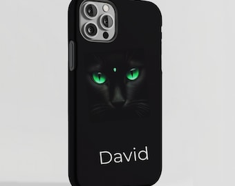 Handyhülle schwarze Katze mit grünen Augen, personalisiertes Monogramm oder Name, iPhone Samsung Hülle
