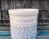 Vintage White Blue Crock Kitchen Canister by Santa Ana Crock Shop - Utensil Crock - Utensil Holder