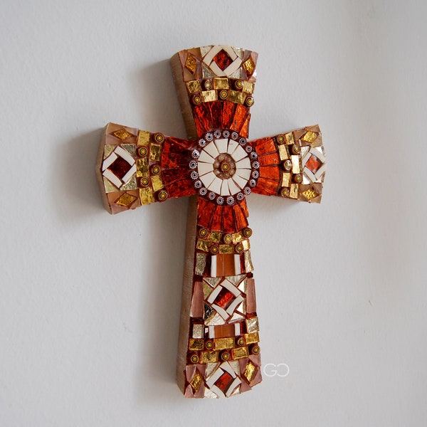 croix en mosaïque de verre et murrine de Murano couleur bronze et or taille 9 x 6 pouces 23 x 15 x 2 cm Cadeau de confirmation de première communion