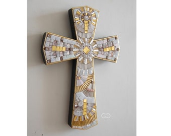 Cross mosaic White glass and gold, and Multicolor Murrine Murano Millefiori. Gift box included