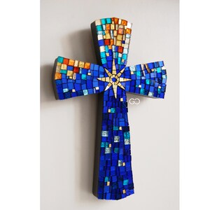 shaded blue wall cross, mosaic cross, colored glass cross in glass, cross with cross with 8-pointed golden star, cross with gift box