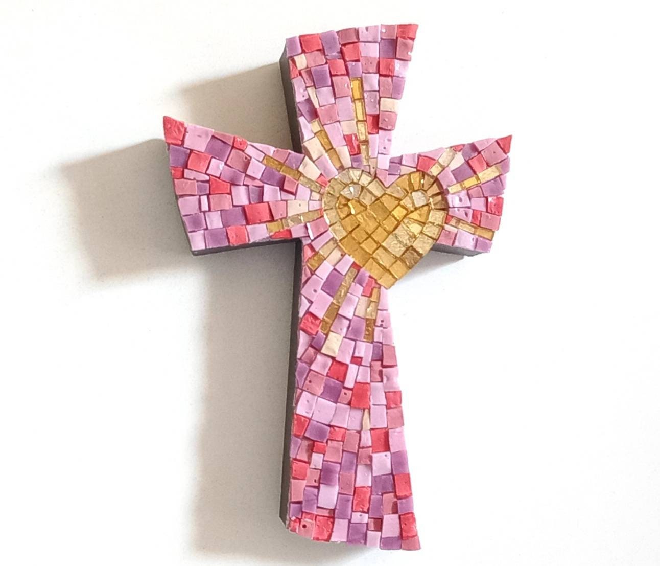 Wall Mosaic Cross Pink and Gold With Heart 5.9 x - Etsy