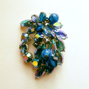 Vintage Brooch with Aurora Borealis Navettes and Rhinestones with Lapis Colored Dangle Beads, Blue, Green, Purple. Nice Vintage Condition