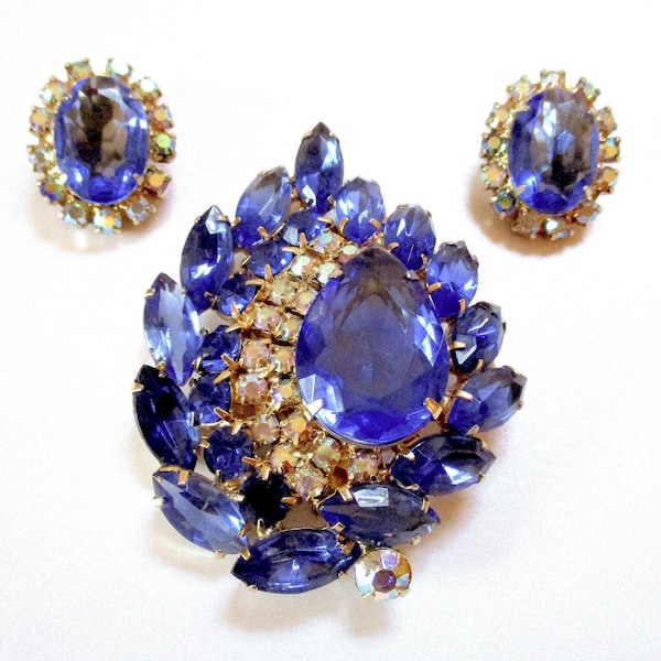 Vintage Demi Parure Large Brooch and Clip On Earrings, Royal Blue Faceted Glass, Pear Oval, Iridescent Round, Marquis Stones Prong Set