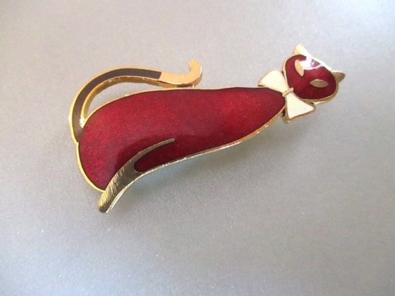 Red Enamel Kitty Brooch, Cat White Bow Collar, Bl… - image 2