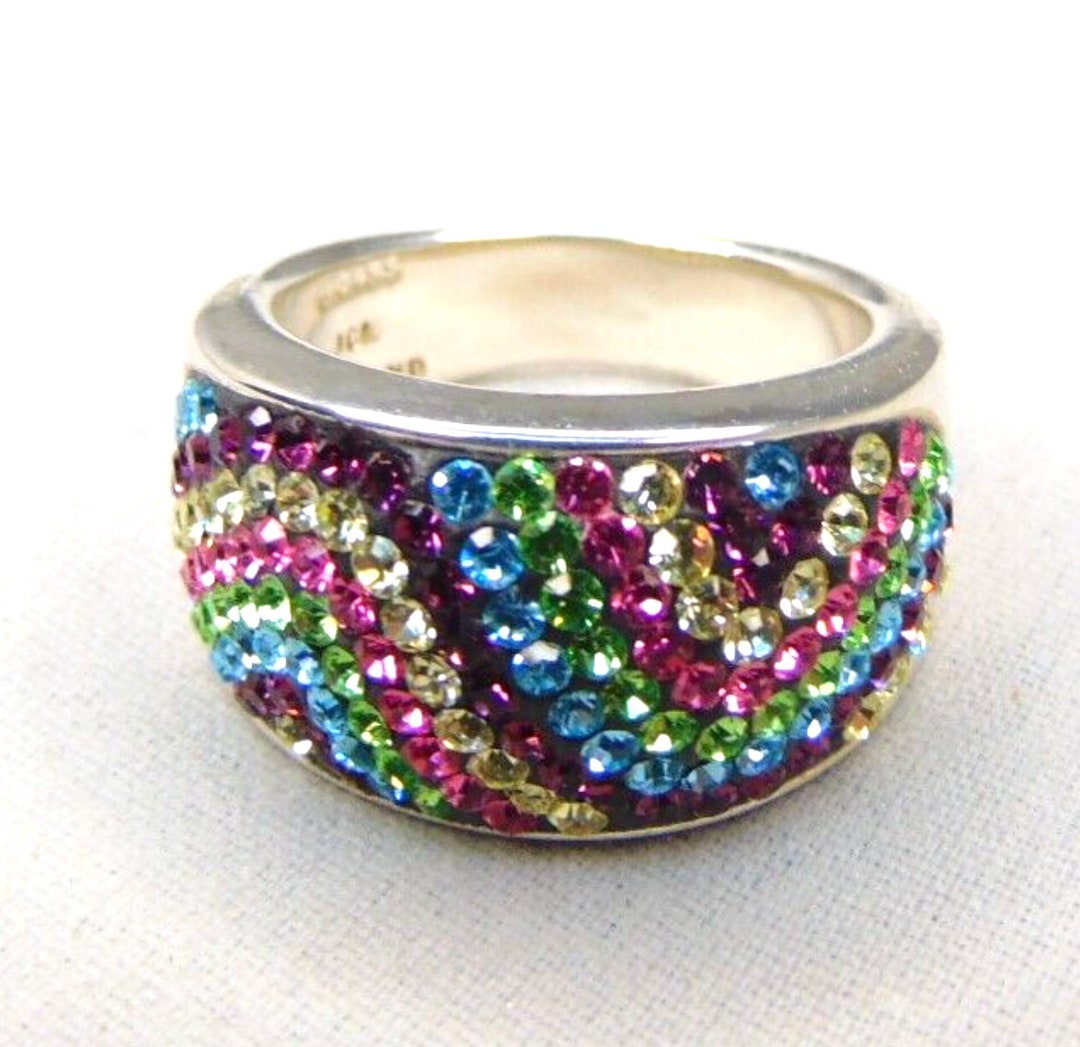 JCM Jacmel Crystal Ring Silver Over Brass, Size 8, Rainbow Zig Zag, Signed JCM Brass Thailand