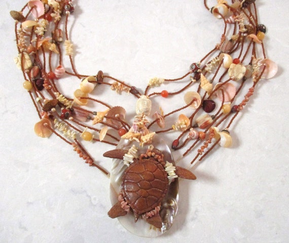 Huge Shell Coral Necklace, 9 Strand, Wooden Sea T… - image 1